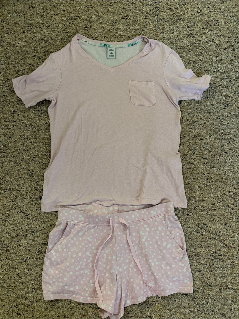 Womens Pink Short Sleeve Pajama Set with Polka Dot Shorts